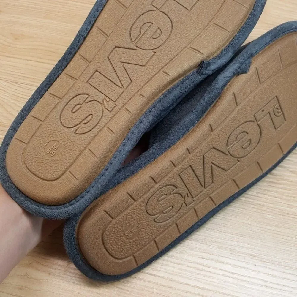 LEVI'S Slide Slippers Mens Size 8 - 9 Gray Microsuede Sherpa Lined Plush Comfort